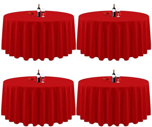 4er-Pack runde Tischdecken, 229 cm, rot runde Tischdecke, knitterfrei, waschbar, rot Tischdecken, Polyester-Gewebe-Tischdecke für Hochzeit, Party, Restaurant, Buffettisch