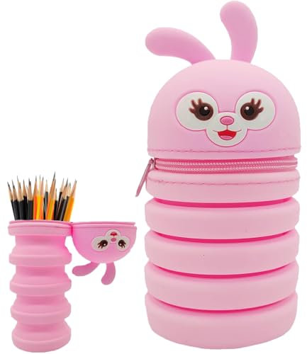 OUOQI Trousse Scolaire en Silicone pour Enfants, Kawaii Trousse 2 en 1 en Silicone Souple, Étui à Crayons Rétractable, Trousse à Crayons Télescopique, Trousse à Crayons en Silicone Souple Rétractable