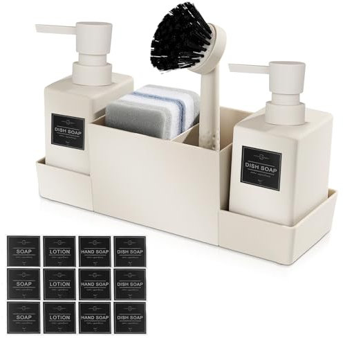 HOSPAOP Spülbecken Organizer, Küchen Organizer Spüle Set aus Kunststoff mit Spülmittelspender, Bürste und Spülschwamm, Sink Organizer mit Seifenspender Schwamm Bürste, Beige