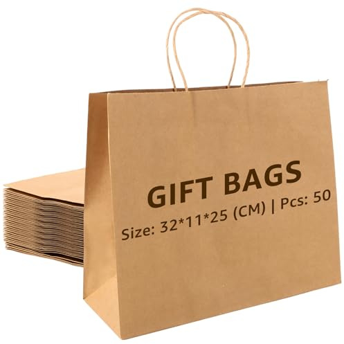 FWEEK 50 Stück Kraftpapiertüten mit Henkel, 32 × 11 × 25 cm für Geschenke | Braune Tragetaschen für Feiern, Einkäufe, Mitgebsel und Einzelhandel