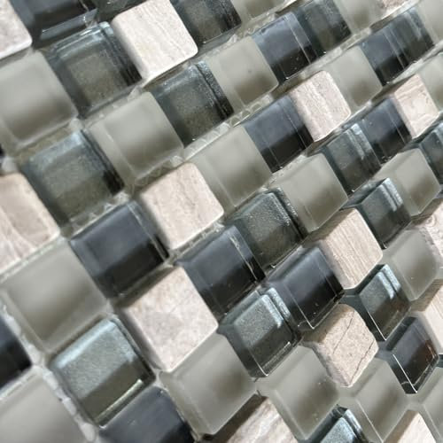 Mosaico in Vetro e Pietra, Piastrelle Decorative con tonalità di baige, Design a Cubo, per Bagno e Cucina (grigio)