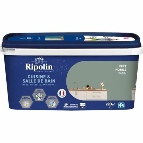 Ripolin - Peinture Intérieure Cuisine et Bain – Murs, Boiseries et Radiateurs - Adapté Pièces Humides - Effet Perlant - Lessivable - Haute Résistance - Vert Nobile - Satin - 2L
