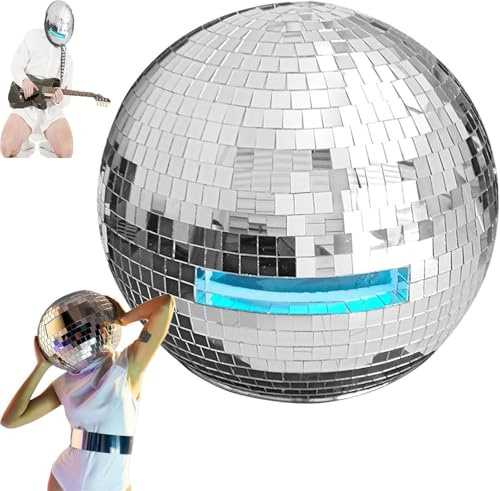 OLSLXQ 40cm lighted silver mirror disco ball helmet, glitter reflective stage headdress, suitable for parties, nightclubs, DJ performances, etc.
