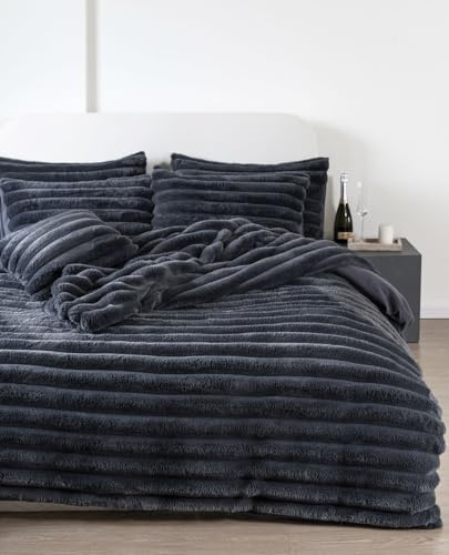 Artistic Fashionista Limited Luxurious Chunky Ribbed Cord Teddy Bear Duvet Cover Sets Super Soft Fluffy Cuddly Faux Fur Thermal Sherpa Fleece Quilt Cover Pillowcases Bedding Set (Charcoal, Double)