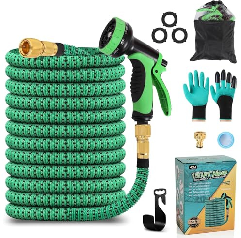 sapisecret Flexibler Gartenschlauch 45m, 10 Funktionen, selbsteinziehend | Hochdicht gewebtes TPE, dichter Metallanschluss und 6-in-1 Zubehörset mit Handschuhen für Garten und Terrasse