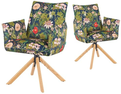 DUBI Möbel Esszimmerstühle 2er Set 360° drehbar mit Rückstellfunktion, Taschenfederkern, hoher Sitzkomfort, bis 150 kg belastbar, Stoff Blumen, Eiche Massivholzgestell geölt (Natur), Mika-Paul