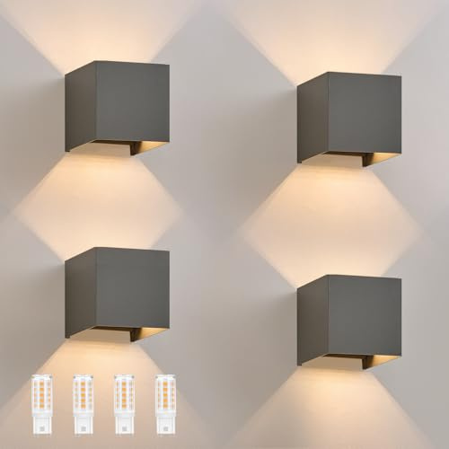 Laittiin LED Wandleuchte Innen Wandlampe 4ER Aussenlampe Wand Grau | Außenlampe G9 Up und Down Wandlicht Wandleuchten Innen/Aussen 3000K Ausenbeleutung Hauswand für Treppenhaus Garten Flur
