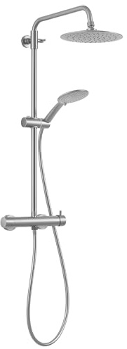 Gedy STAR PLUS 04 Columna de ducha cepillado con grifo monomando, conjunto de alcachofa 3 posiciones, cabezal de ducha; flexo 150 cm, extensible 92-146 cm
