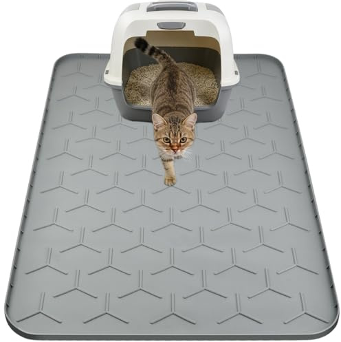 BOPEUY Tapis Litiere Chat, 86 x 56 cm Silicone Tapis de Litière pour Chat, Tapis pour Litiere Chat Imperméable Antidérapant et Facile à Nettoyer, Doux pour les Pattes de Chats - Gris