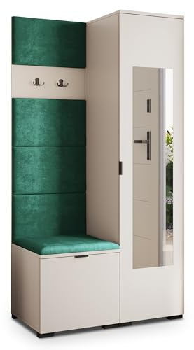 Masseno Flugarderoben Set VIRA, Kleiderschrank-Set mit Spiegel und Sitzbank, Garderobenschrank Flur mit 3 Regalböden, Kaschmir