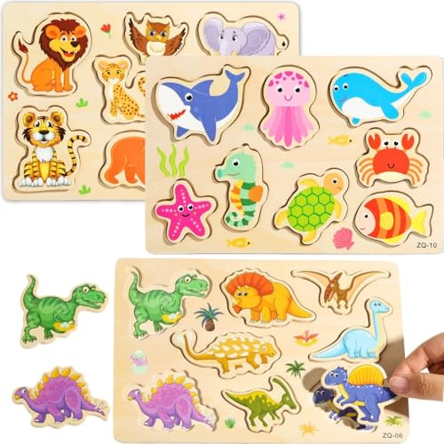 Pack 3 Puzzle in Legno per Bambini 1, 2 e 3 anni, Puzzles ad Incastro, Puzzle bambini 1 anno, 2 anni e 3, Asilo Nido, Regali Compleanno Infantili Educativi (Set 3 puzzle in Legno, 24 Animali)