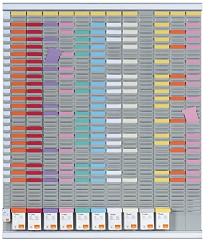 Nobo, Planning fiches T mural annuel, 12 Colonnes, 54 fentes Indice 2 | Planning annuel mural à fiches T, 12 colonnes, 54 fentes indice 2, rails aluminium, porte-étiquettes magnétiques inclus.