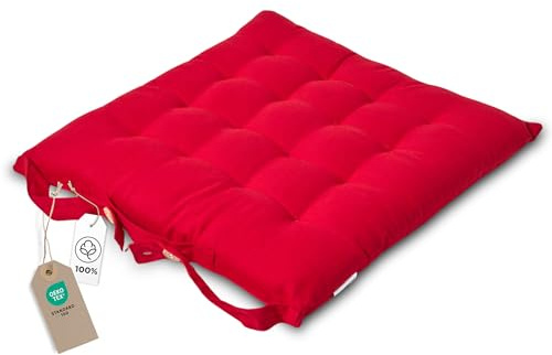 HOMESCAPES - Seat Pad - Red - 40 x 40 cm - Indoor - Garden - Dining - Chair Cushion with a Button Tie Handle to fix to Chair - 100% Cotton - Well Filled - Easy Care - Washable At Home