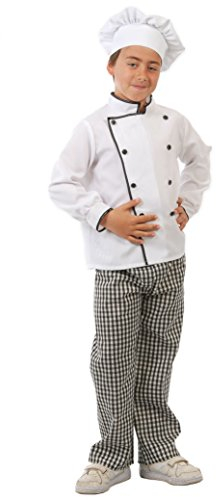 FIESTAS GUIRCA Star Chefkoch Kostüm Kinder inkl. Kochjacke u. Bäckermütze in Weiß u. Hose - Alter 7-9 J. - Kostüm Bäcker Kinder Jungen u. Mädchen, Koch Kostüm Karneval, Fasching Pizzabäcker Kostüm