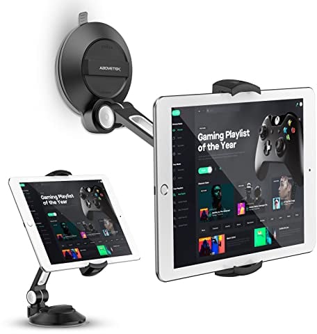 AboveTEK Tablet Stand with Suction Cup, Adjustable Tablet Holder Mount for Desk, Car Windscreen, Mirror or Glass – Fits 4”-11” Tablets & Phones, iPad Mount for Home, Office(Black)