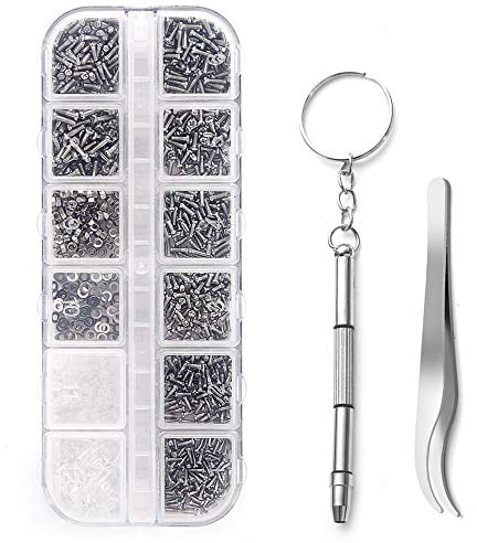 Becory Kit di riparazione per occhiali da vista, 1100 viti minuscole e 5 paia di naselli in acciaio inox, con micro cacciavite, pinzette per occhiali, occhiali da sole, riparazione orologi