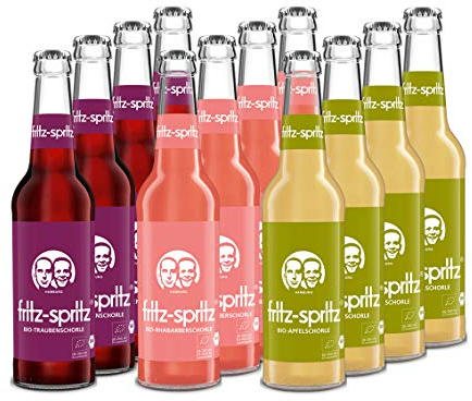 Fritz-Spritz Bio Traubenschorle (4 x 0.33 l) Rhabarberschorle (4 x 0.33 l) und Apfelschorle (4 x 0.33 l) inkl. 0,96€ MEHRWEG Pfand