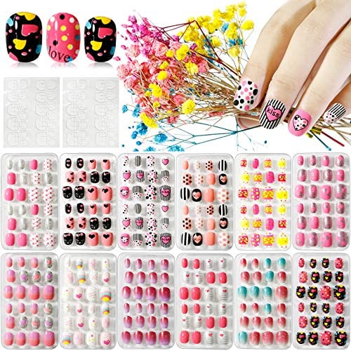 Kalolary 288 PCS Children False Nails, Cute False Nails Press on Pre-glue Full Cover Gradient Color Rainbow Pattern Short Nails with 2PCS Double-Side Glue Nail Stickers,Exquisite Gifts for Girls