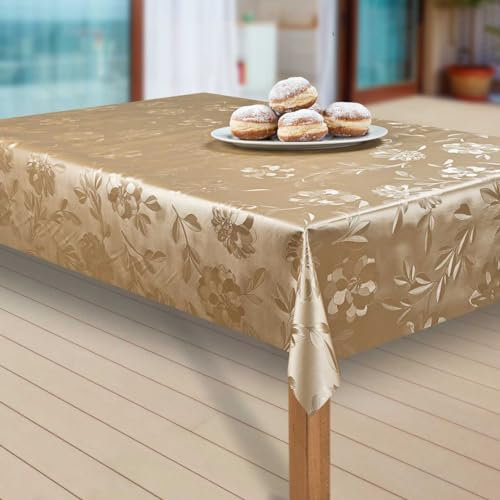 laro Wachstuch-Tischdecke Abwaschbar Garten-Tischdecke Wachstischdecke PVC Plastik-Tischdecken Eckig Meterware Wasserabweisend Abwischbar, Muster:Dahlien Gold Beige, Größe:130-220 cm