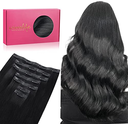 WENNALIFE Nahtlose Clip In Extensions Echthaar, 45cm 7pcs 130g Tief Schwarz Echthaar Extensions Clip Remy Natürliche Seamless PU Clip in Extensions Haarverlängerung Echthaar