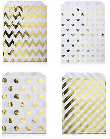 Czemo 100 Stück Papiertüten Candy Bar Tüten/Geschenktüten/Süssigkeiten Beutel/Bonbon Taschen 4 Verschiedene Designs 18 x 13CM Gold Candy Bar Zubehör