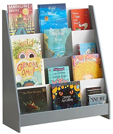 SoBuy Bücherregal Kinder Montessori Kinderregal mit 4 Ablagefächern Regal Kinderzimmer Spielzeug Aufbewahrung Büchergestell Hängefächerregal Grau 80x88x30cm KMB32-HG