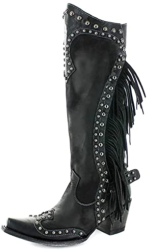 HOTRA Stivali Texani Donna con Frange Scarpe con Tacchi Quadrati All'aperto Tacco Grosso Scarpe da Cavaliere (Color : Nero, Size : 37 EU)
