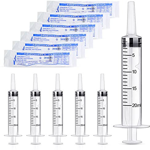 6 Pack 20ml Syringes Reusable Liquid Syringe for Refilling and Measuring Liquids, Individually Sealed Plastic Syringe for Laboratory, Industry, Garden, Pet Feeding, Oil or Glue Applicator