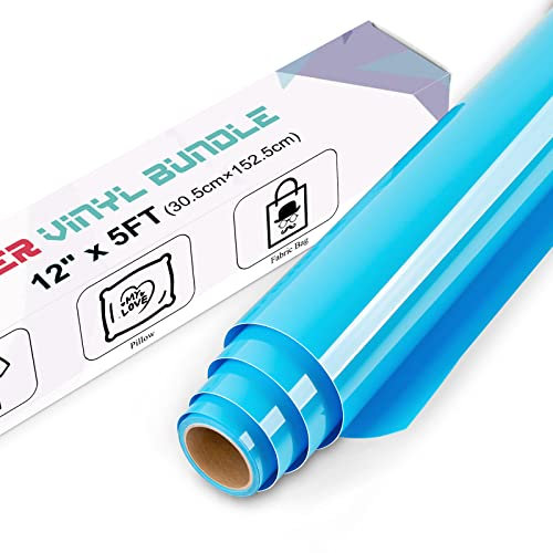 IModeur Blue Heat Transfer Vinyl — 30.5 x 152.5 cm(12'' x 5 Ft) Iron on Vinyl for Fabric, PET Backing Blue Vinyl for T-Shirts, Clothes, Hats, Bags and Other Textiles, HTV Vinyl Roll Easy to Weed