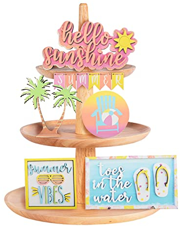 URROMA Mini Summer Wooden Sign Set, 12pcs Rustic Tiered Tray Decor, Multi-colored, Summer & Beach Theme, Tabletop