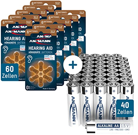 ANSMANN Hörgerätebatterien Typ 312 braun P312 ZL3 PR41 60 Stück + Alkaline AA LR6 1,5V 40 Stück, Vorratspack, Set gemischt