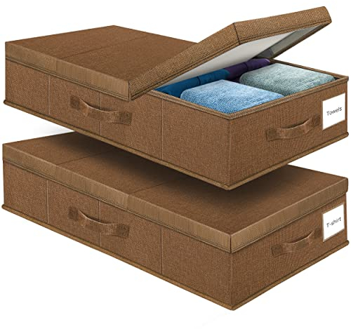 Underbed Storage Containers Bin with Lids (Set of 2) Large Under Bed Storage Organizer Box with Handle, Foldable Sturdy Under The Bed Storage Bags for Organizing Clothes, Blankets, Pillows-Dark Brown