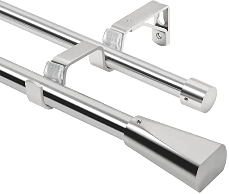 Eson Casa Doppelte Gardinenstange, 120–210 cm, ausziehbar, Φ 16/19 mm, Gardinenstangen-Set mit dekorativen Endstücken für Ösenvorhänge, Nickel Gebürstet