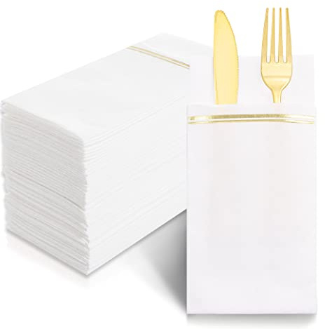 Nervure 100PCS Gold Paper Napkins with Built-in Flatware Pocket - White and Gold Prefolded Cloth Like Disposable Napkins - Heavy-duty Linen-Feel Dinner Napkins for Party & Wedding & Dinner