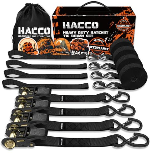 Haccoplanet - Cinghie di ancoraggio a cricchetto, resistenza alla rottura di 2500 libbre, set di 4 cinghie di ancoraggio da 1 x 16 piedi, con maniglie imbottite e gancio a S rivestito con clip di