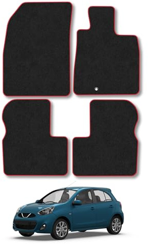 Nissan Micra (2010-2017) Carpet Car Mats | Red Edge Trim Tailored Fit Floor Mats Full Coverage Protection Accessories Easy Clean Anti Slip Made in the UK