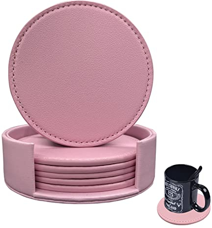 RICHSUM Dessous de verre 6 pièces en simili cuir souple, dessous de verres ronds avec couture autour, adaptés à différentes tasses, tables en bois, décoration de la maison, 10 cm (rose)