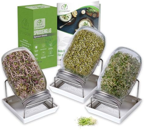 Sprossenglas 3er Set Starter | | 3x 950ml Glas mit Kermaikschale | Ernte Vitamine kontinuierlich mit Geschmacksvielfalt | inkl. Sprossenguide (Anleitung zum selber ziehen, Anzucht Tipps, Rezepte) BIO