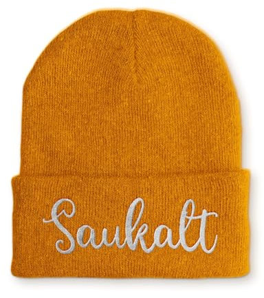 tshirtladen Strickmütze Saukalt Mütze Wintermütze lustige Beanie mit Stick, Farbe: Mustard