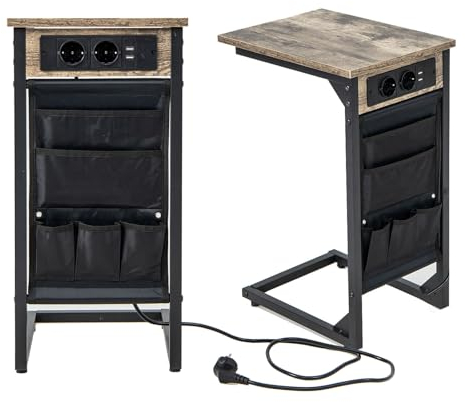 LIFEZEAL Juego de 2 Mesa Auxiliar de Teléfono y Salón Con USB y Enchufes, Forma de C Con Bolsillo Lateral para Sofá, Dormitorio, 40 x 30 x 60cm