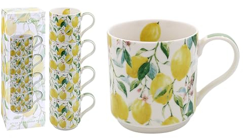 Lesser & Pavey Set of 4 Stackable Mugs | British Designed Stacking Mugs for All Kitchens | Stacking Mugs for Modern Kitchens with Lovely Designs (Lemon Grove Stacking S4)