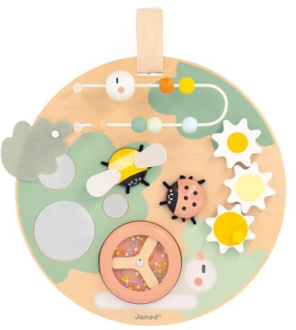 Janod - Panneau d'Activités Sweet Cocoon - 7 Activités Premier Age - Jouet d'Éveil - Développement Motricité Fine - Jouet en Bois FSC - Peinture à l'eau - Dès 12 Mois,J04057