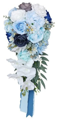 Asudaro Bouquet da sposa, 45 x 23 cm, bouquet da sposa, cascata artificiale, bouquet da sposa romantico, per matrimonio, bouquet da sposa, feste, casa, decorazioni, bianco e blu