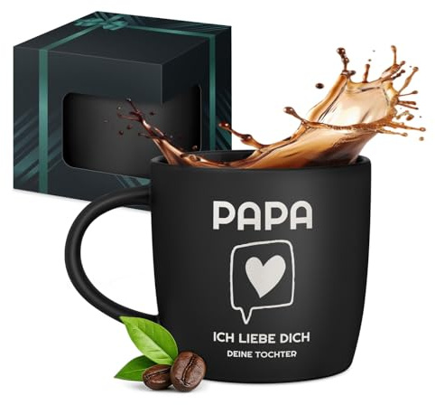Maverton Keramik Kaffeetasse 400ml mit Gravur - personalisierter Kaffeebecher aus Matt Keramik mit Henkel - Trinkbecher für Männer zum Geburtstag zu Weihnachten - matt schwarz - Innen schwarz - Papa