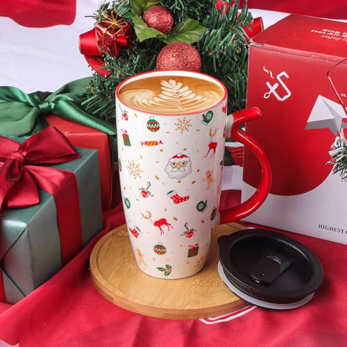 HTTYHT Tasse de café céramique 600 ml avec couvercle Tasse de Noël en céramique Tasses à poignée colorée passe au lave-vaisselle Mugs et tasses à café