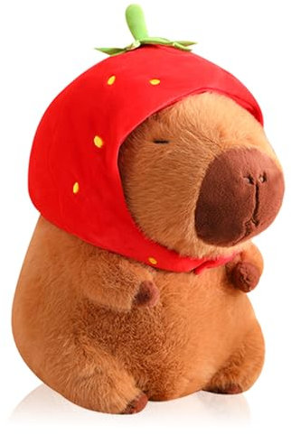 WAKSUN Bonito juguete de peluche de Capibara con sombrero de fresa, animal de peluche de Capibara, decoración de cumpleaños de Capibara, bonito juguete de peluche de Capibara para niñas y niños