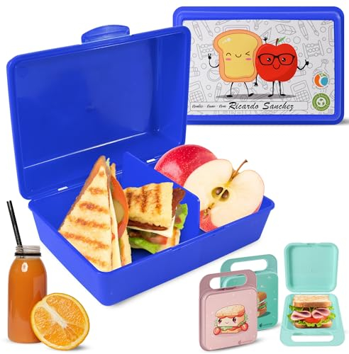 Mypicompany. Fiambrera Infantil Rectangular+2 Porta Sandwich Reutilizable con Asa. Loncheras para Niños con Dibujos Divertidos. Caja Almuerzo Infantil Libre de Bpa. (FIAMBRERA AZUL+2 SANDWICHERAS)