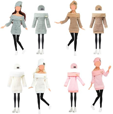 4 Set Puppenkleidung und Zubehör, 11.5 Zoll Mädchen Puppenkleidung Outfits Anzüge mit gestricktem Hut Mode Off-Shoulder Pullover Kleid Hosen Schuhe für Weihnachten Geburtstagsgeschenke