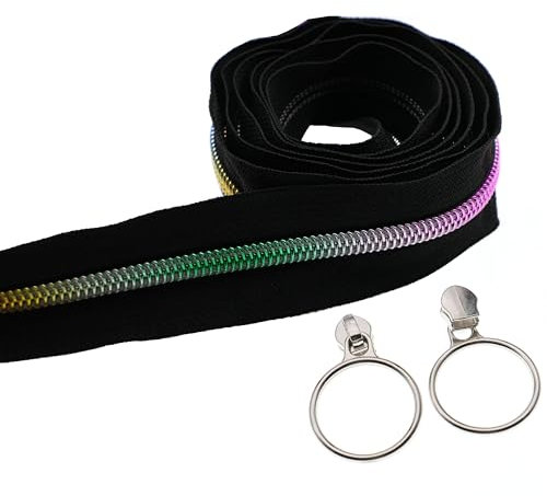 Leekayer The Yard - Cerniere a spirale in nylon metallizzato arcobaleno, 9,1 m, con 25 cursori argentati, per fai da te, cucito, sartoria, borse artigianali (nero)