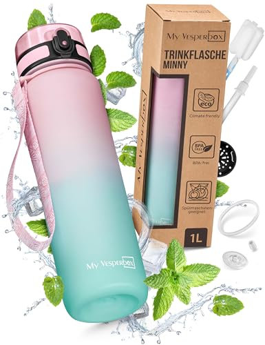My Vesperbox Botella de agua de 1 litro, a prueba de fugas y sin BPA, para niños y adultos, incluye junta de repuesto, cepillo de limpieza, colador de frutas y pajita opcional, ideal para la escuela